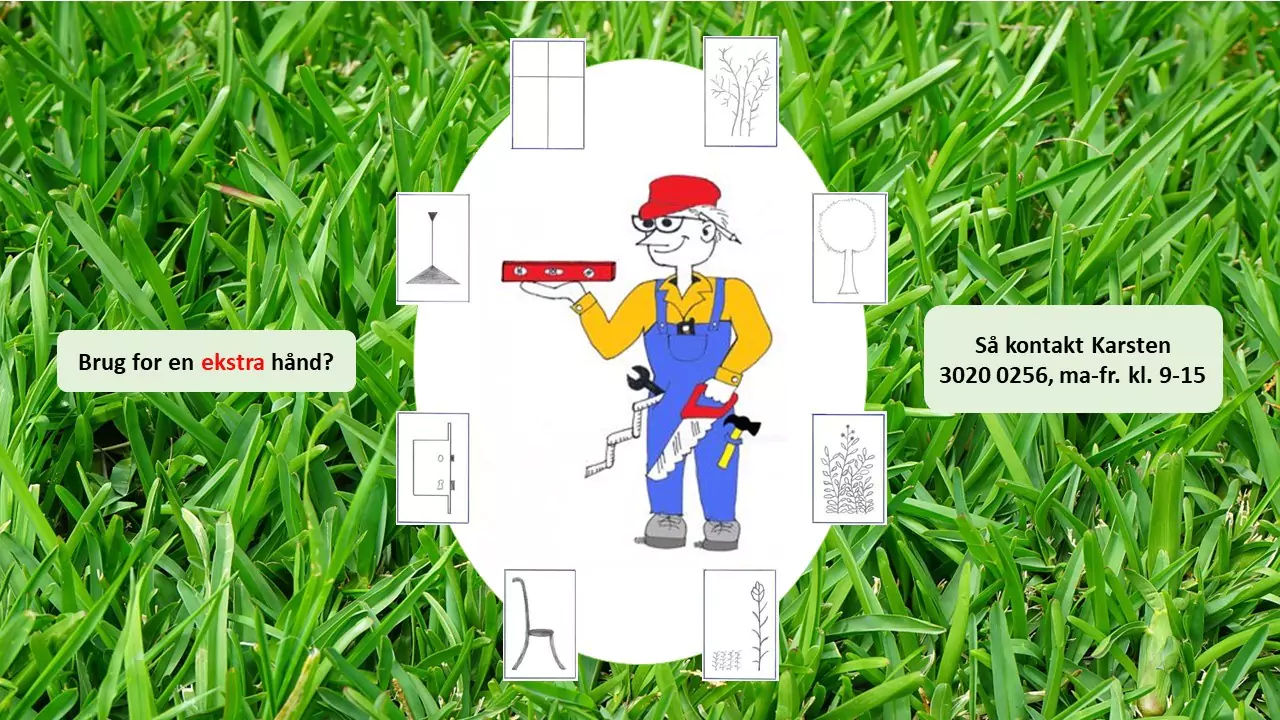 Handyman og havemand viser udbud af opgaver, som løses, fx opsætningsopgaver og haveopgaver